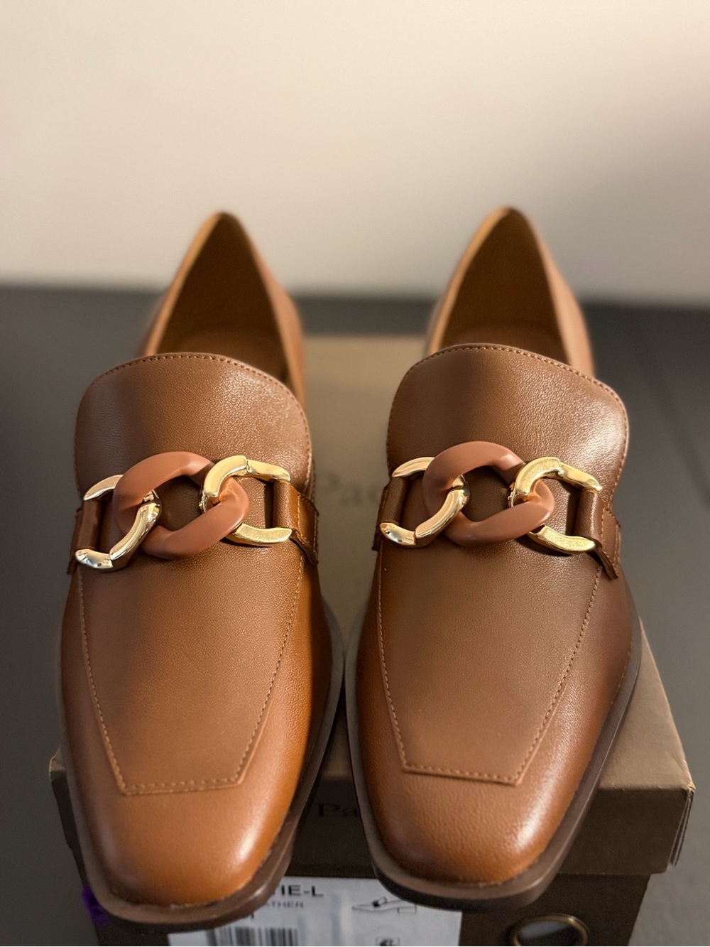 Paolo Tan Brown Leather Loafers with Gold Chain Accent